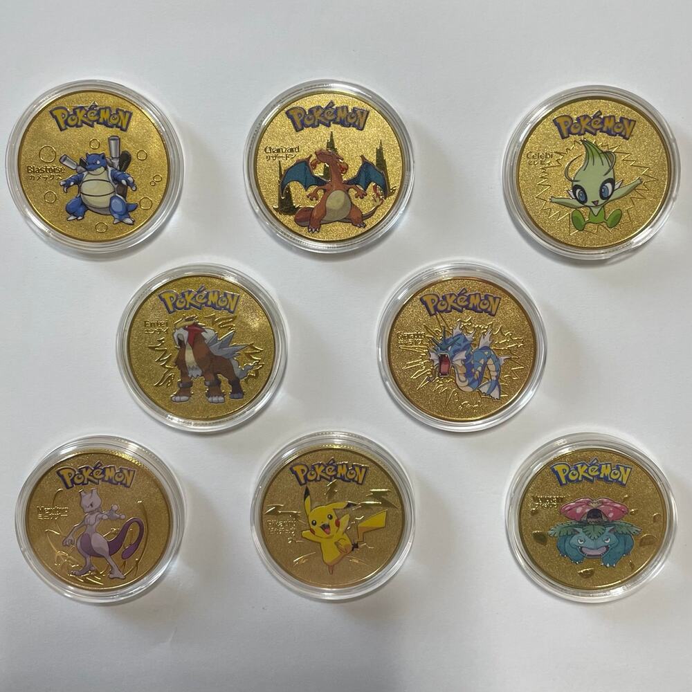 8pc Golden Pokémon Collectible Commemorative Coins In Protective Cases
